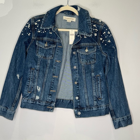NWT Anthropologie Donovan Pearled Denim Trucker Button Down Jacket Distressed Sm - Picture 2 of 15